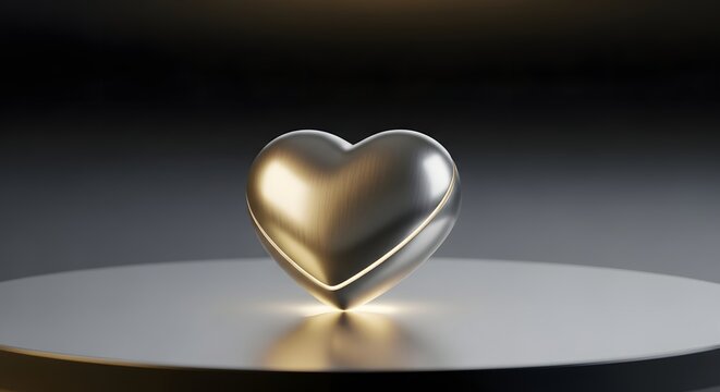 A high-end bimetal gold and silver heart sculpture sitting on a pedestal with elegant spotlighting.