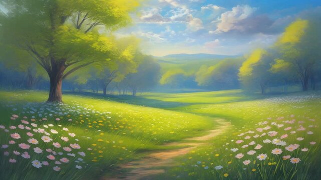 Springtime, calm park landscape animation