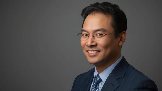 Smiling man in suit and tie with glasses, professional headshot profile smile for business portrait