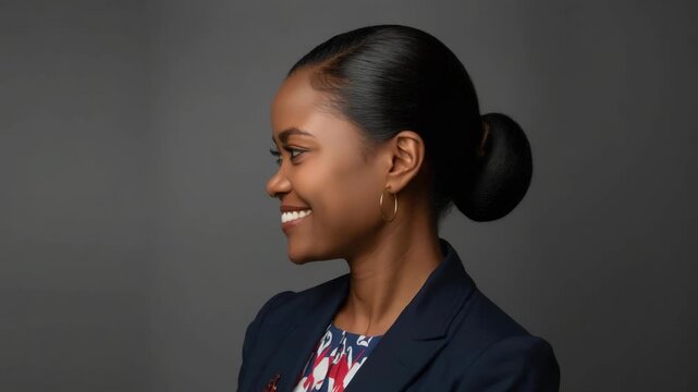 Smiling woman portrait profile with sleek bun hairstyle blazer hoop earring patterned blouse smile
