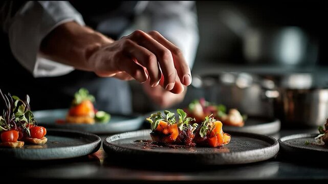 Chef plating gourmet dish with precision in fine dining kitchen, elegant haute cuisine presentation with fresh microgreens and vibrant vegetables
