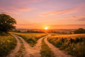 Two Winding Country Roads Merging at Sunset Symbolizing Love and Connection
