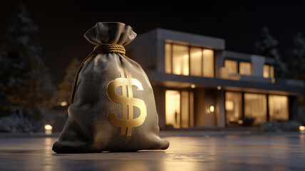 Real estate investment concept: money bag on the background of a luxury modern house in the evening. Financial success, savings for housing, bank loans and mortgage.
