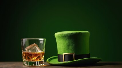 Whiskey glass with ice cube and green leprechaun hat, wooden table irish celebration traditional symbols, concept of St Patrick's Day