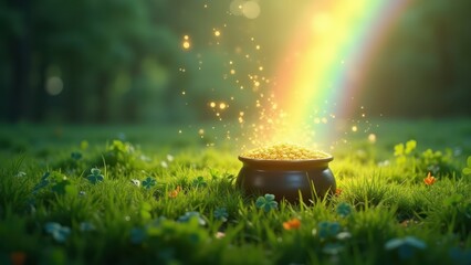 Pot of gold at end of rainbow, lush green field with shamrocks, soft glowing light, st. Patricks Day