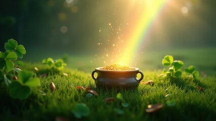 Pot of gold at end of rainbow, lush green field with shamrocks, soft glowing light, st. Patricks Day