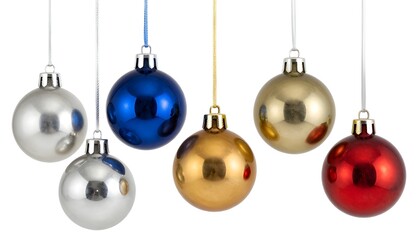 Collection set of five silver, blue, golden and red Christmas balls hanging with a string, photo of Christmas shiny baubles ornaments isolated on white or transparent background, png cut out