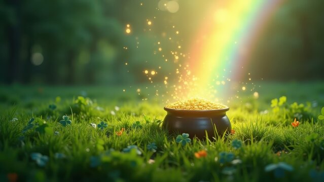 Pot of gold at end of rainbow, lush green field with shamrocks, soft glowing light, st. Patricks Day