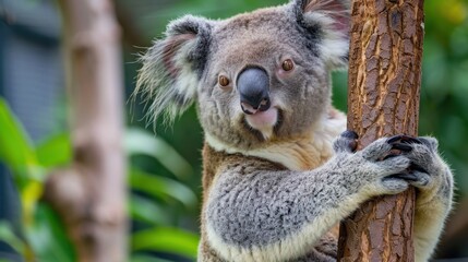 Fototapeta premium Close-up of a Curious Koala Climbing a Tree Amidst Green Leaves in a Natural Habitat Setting