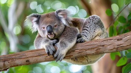 Obraz premium Playful Koala Resting on a Branch Surrounded by Lush Green Foliage in Natural Habitat