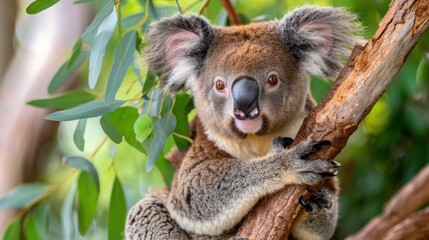 Fototapeta premium Adorable Koala Perched on Tree Branch Surrounded by Green Leaves in Natural Habitat