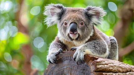 Fototapeta premium Close-up of a Koala Relaxing on a Tree Branch in a Lush Green Environment Surrounded by Nature