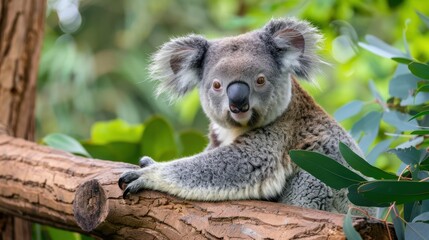 Obraz premium Close-up of a curious koala resting on a branch amidst lush greenery and bright leaves in a serene natural habitat
