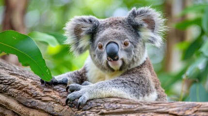 Fototapeta premium Close-Up of a Koala on a Branch Surrounded by Green Foliage in Its Natural Habitat