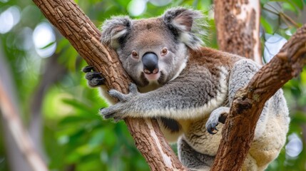 Obraz premium Close-Up Portrait of a Koala Climbing a Tree in Natural Habitat Surrounded by Greenery in Australia