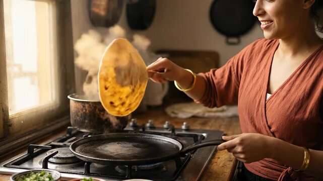 Smiling young woman cooking fresh flatbread on a cast iron pan in a rustic sunlit kitchen