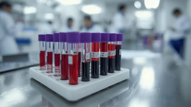 Blood sample tubes and vials with purple caps tray clinical laboratory focused urgent sterile