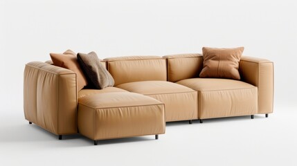 Modern leather sectional sofa with soft cushions in warm tan color for contemporary living room decor