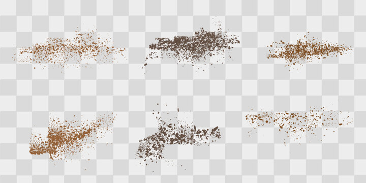 Flying coffee or chocolate powder, dust particles in motion, ground splash isolated on light background. Vector illustration