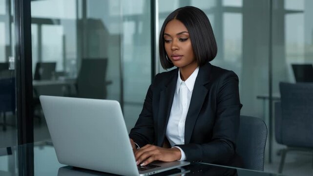 Professional businesswoman corporate suit working laptop modern office, focused and composed