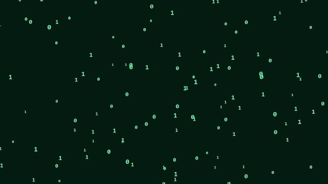Zeroes and Ones floating in a cloud formation. Seamless loop background featuring a Cyber Green color scheme. High quality abstract animation for business, tech, and creative projects.