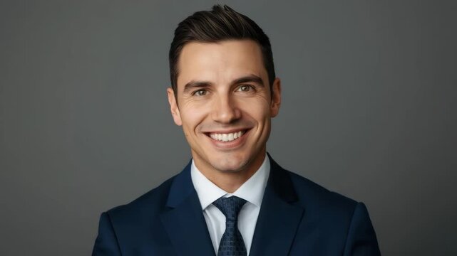 Smiling businessman portrait navy suit tie confident professional headshot gray studio background