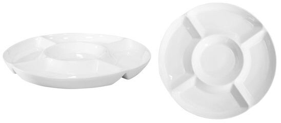 Real white ceramic plate photographed in studio and isolated on transparent background