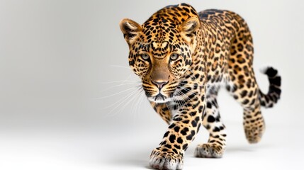 Fototapeta premium Majestic Leopard Walking Gracefully on a Neutral Background, Showcasing Stunning Spots and Captivating Gaze