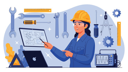 Female engineer wearing a yellow hard hat, analyzing technical schematics on a tablet, surrounded by engineering tools and mechanical gears, detailed and professional illustration