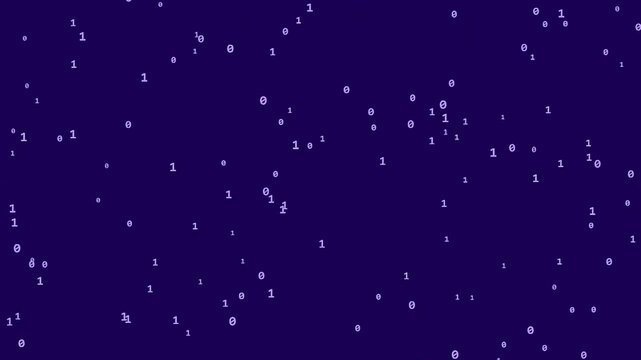 Zeroes and Ones floating in a cloud formation. Seamless loop background featuring a Future Purple color scheme. High quality abstract animation for business, tech, and creative projects.