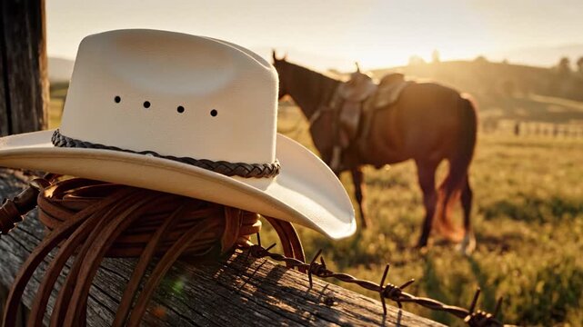 A white cowboy hat rests on a rustic wooden fence post with barbed wire in the foreground, overlooking a horse standing in a sunlit field at sunrise.