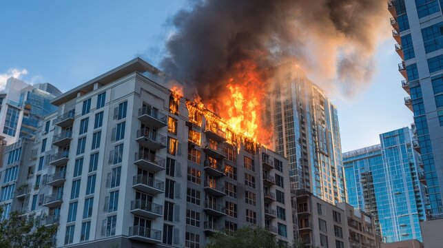 Residential building on fire with huge flames and dark smoke. Symbolizes destruction, risk, urgent situations or property loss.