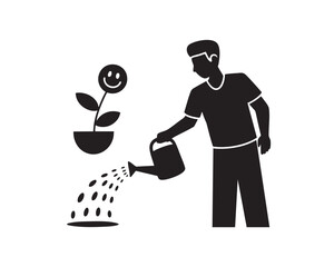 Man Watering Happy Plant in Pot