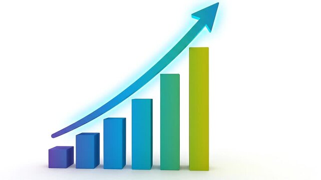 Rising bar graph with arrow indicating growth on white background