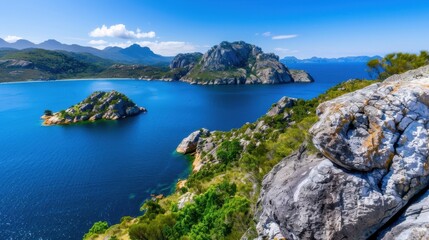 Obraz premium Serene Coastal Landscape with Rocky Cliffs and Vibrant Blue Waters Under a Clear Sky