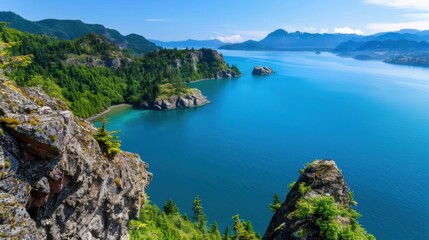 Stunning Aerial View of Serene Lake Surrounded by Lush Green Mountains and Cliffs on a Bright Sunny Day