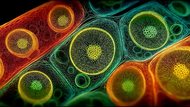 Microscopic View of Red Tomato Epidermal Cells with Visible Nuclei and Forming Chloroplasts