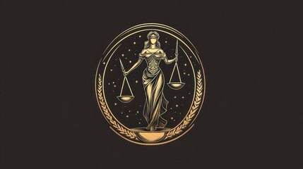 Justice scale, goddess figure, vintage style, legal concept