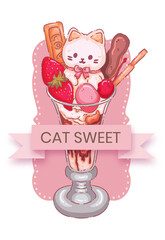 Kawaii Cat Strawberry Parfait Illustration - Cute Kitten Sundae with Fresh Berries and Chocolate for Bakery Cafe