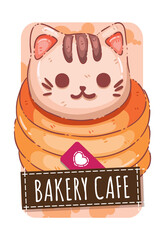 Kawaii Cat Pancake Stack Illustration - Cute Kitten Face Character on Fluffy Pancakes for Bakery Cafe Branding