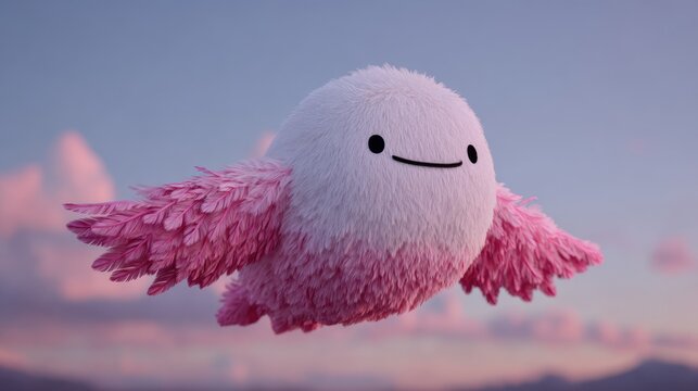 Cartoon creature with wings flying against a soft pastel sky background