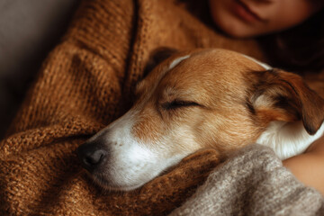 Obraz premium Cozy Dog Relaxing in Arms of Person on a Soft Blanket