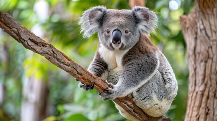 Playful Koala Bear Relaxing on a Tree Branch Surrounded by Lush Greenery in Australia Nature