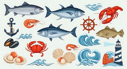 Obraz premium Nautical Elements Clipart Set with Sea Creatures.