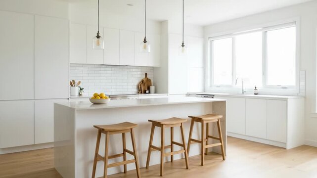 Modern bright white kitchen interior with large island wooden bar stools subway tile backsplash and natural light from a window