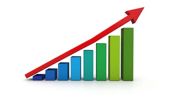 Rising bar graph with red arrow indicating growth on white background