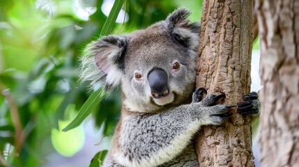 Obraz premium Adorable Koala Clinging to Tree in Natural Habitat, Brisbane, Australia, Close-Up View of Cute Marsupial in Eucalyptus Trees