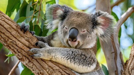 Fototapeta premium Cute koala resting on a tree branch surrounded by green leaves in a sunny forest habitat creating a peaceful atmosphere