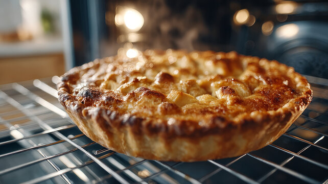 Golden apple pie baking in modern oven with warm lighting