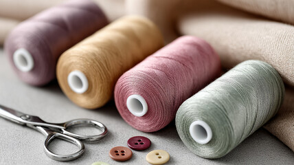 Colorful sewing threads and buttons on textile surface